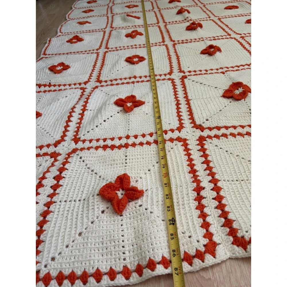 Handmade Crochet Bedspread 61x87 White Orange 3D Floral Granny Square Retro‎